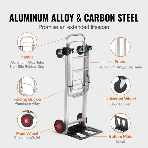 Front view of VEVOR aluminum folding hand truck; silver frame, 400 lb capacity, black rubber wheels.