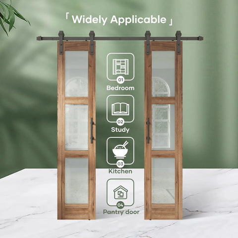 Double 18 By 84 Inch Glass Barn Doors With 36 Inch Opening, 6.6 Ft Beefed-Up Hardware Kit, 3 Panel Frosted Glass, LVL Wood