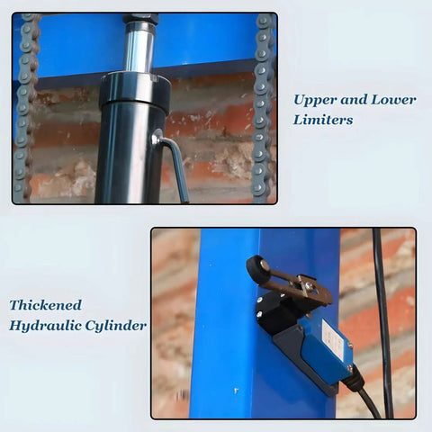 Blue wall-mounted hydraulic lift post; two-view collage showing thickened cylinder (top) and limit-switch assembly (bottom).