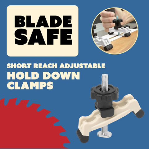 Adjustable Taper and Straight Line Jig With Blade Safe Hold Downs for Table Saw showcasing short reach adjustable clamps