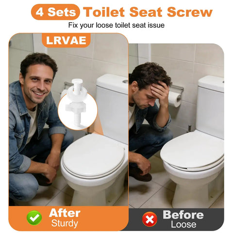 4 Sets Toilet Seat Screws Kit installed on a toilet; before and after images showing secure installation with plastic bolts and nuts