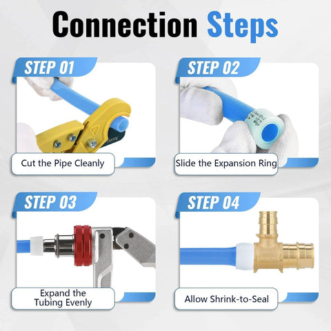 Four steps showing installation of Ten Pack PEX A Reducing Tee Expansion Fitting Lead Free Brass Full Flow Connector.
