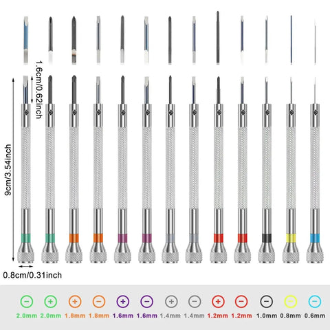 39 Piece Pro Grade Precision Watch Screwdriver Set With Flat And Cross Head Micro Drivers From 0.6 mm To 2.0 mm High Hardness Steel