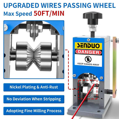 Portable Manual Wire Stripper Machine With Hand Crank Adjustable 0.06 To 1.57 Inch Cable Stripper For Drill Durable Aluminum Construction Great For Scrap Copper Recycling, front view showing cutting mechanism and safety warning label