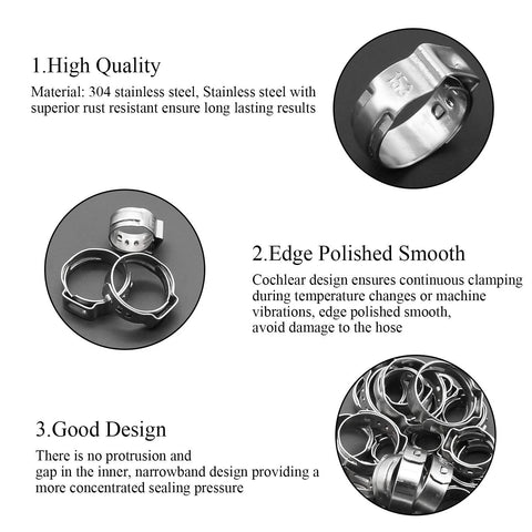DYWISHKEY 136-piece set of 7–21mm single-ear hose clamps, rust-resistant 304 stainless steel.