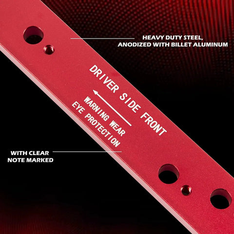 Manifold Drill Template for GM LS Engines 1999-2007 Removes Broken Exhaust Bolts, close-up of red anodized aluminum with text.