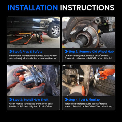 Installation instructions for Two Piece Rear Wheel Bearing And Hub Assembly For Five Lug Vehicles With Abs Compatible With Volkswagen Beetle Golf Jetta Rabbit GTI Golf SportWagen And Audi A3 Sportback E Tron, showing step-by-step guide for replacement.