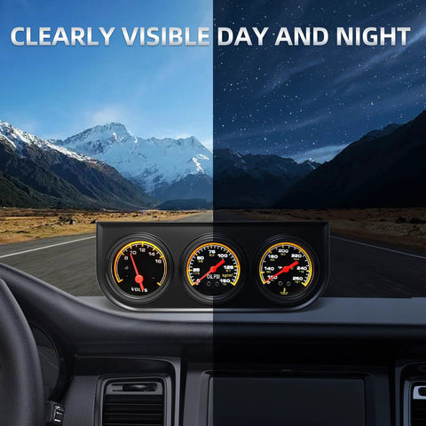 MH 2in 52mm triple gauge set with three gauges: oil pressure 0-150 PSI, water temp 100-280°F, voltmeter in black dash pod