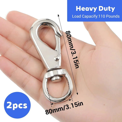 Stainless steel swivel snap hook held in hand, 80mm (3.15in) long, with spring-loaded latch.