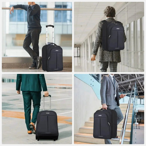 Go To Rolling Backpack Carry On With Wheels For Adults, versatile travel bag in various settings, fits 18 inch laptop, waterproof.