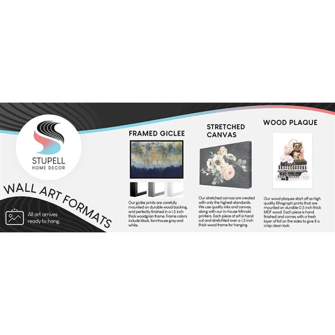 Stupell Home Decor wall art formats including framed giclee, stretched canvas, and wood plaque with descriptions.