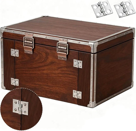 Wooden box with Mini Hinges For Crafts 10x8mm With Screws 100 Pieces Tiny Brass Hinges Silver Hardware for DIY projects shown.