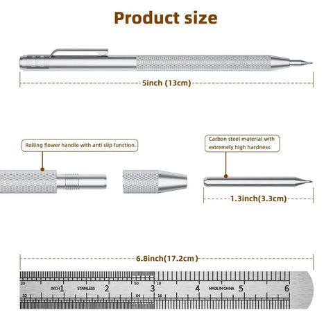 Product size chart for Five Pack Tungsten Carbide Scriber Set With 25 Replacement Tips Magnetic Engraving Pen And A 6 Inch Stainless Steel Ruler.