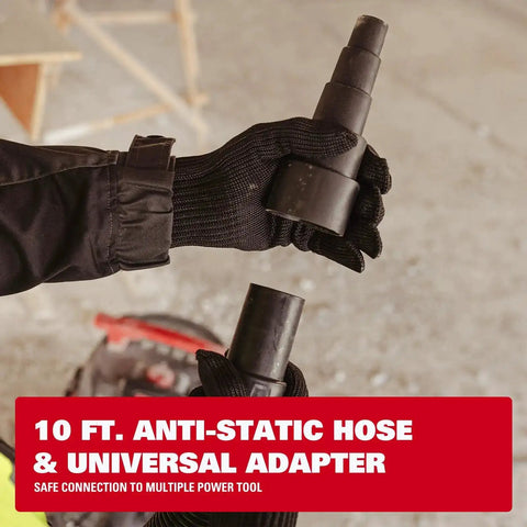 Gloved hands holding the 10 ft. anti-static hose and universal adapter for Dual-Mode Wet Dry Vacuum With Auto Tool Activation.