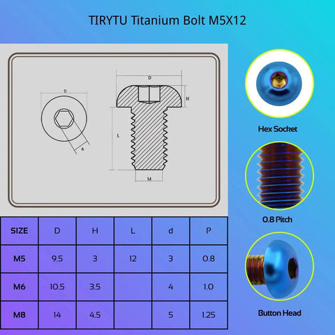 Lightweight Titanium Bolts M5x12mm Set For Bikes Ideal Water Bottle Cage Fasteners With Hex Key Compatibility diagram and details