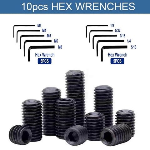 Powerhouse 830-Piece Set Screw Kit With 25 Sizes Metric And SAE Internal Hex Drive Cup Point Allen Screws shown with hex wrenches