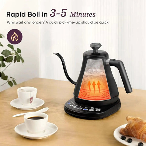 Gooseneck Electric Kettle With 5 Temperature Presets for Coffee and Tea, 0.8L Capacity, 1200W Rapid Boil on kitchen table