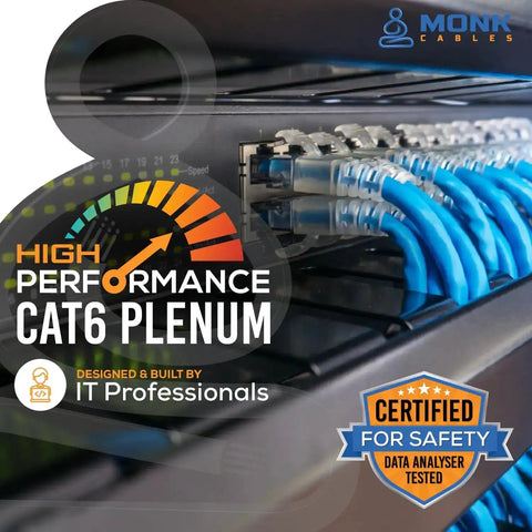 Cat6 Plenum Ethernet Cable 1000ft Pro Grade Pure Copper UTP installed, showing blue wires and safety certification badge