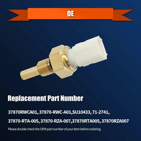 Engine Coolant Temperature Sensor For Honda Civic CR V Crosstour Accord Element HRV Odyssey And Acura ILX MDX RDX RLX TLX Replacement Plug And Play Easy Install OEM Grade showing brass threaded body and white connector