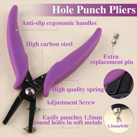 1.5mm Round Hole Punch Pliers For Soft Sheet Metal with ergonomic purple handles and replacement pin for jewelry making