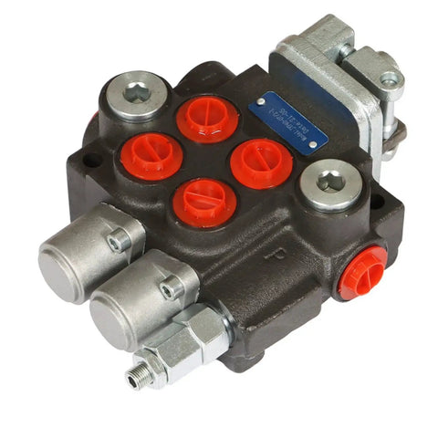 Hydraulic Directional Control Valve Double Acting 2 Spool For Small Tractors, Loaders, And Log Splitters, Compact Design, Close-Up View