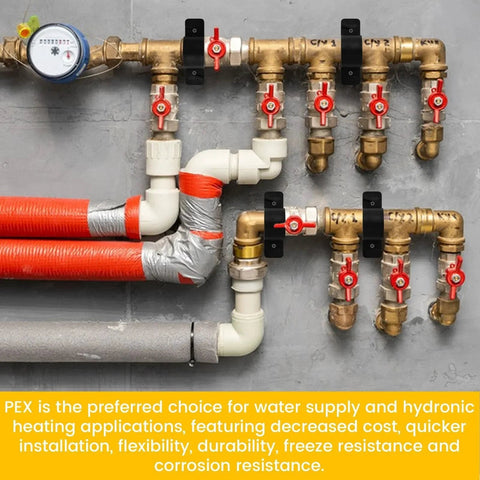 Residential plumbing system with pipes and valves, using 50 Pack One Half Inch Pipe Clamps Pex Clamp Set Heavy Duty Bulk Pipe Supports