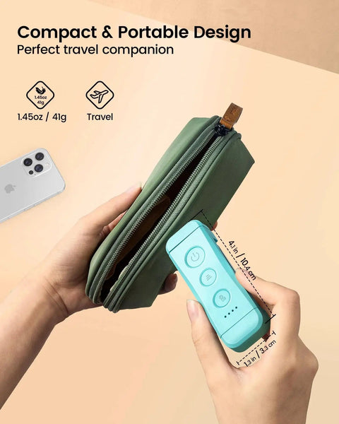USB Rechargeable Clip On Reading Light With 5 Brightness Levels And Amber Colors shown near pouch for travel use