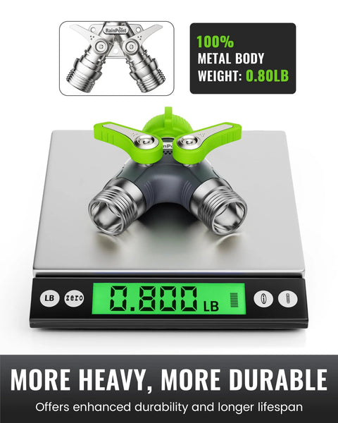 RainPoint 2-way garden hose splitter with green handles, metal body, shutoff valves, 3/4 GHT threads.