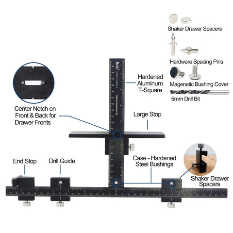 Basic Black Aluminum Alloy Cabinet Hardware Jig For Effortless Handles Pulls Knobs And Hinge Installations Hand Calibrated For Precision And Consistent Results In Cabinet Upgrades shown with components labeled.