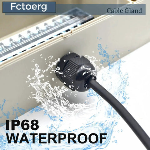 Waterproof Cable Glands 2 Pack Nylon PA66 with rubber seal, IP68 rating, installed on a panel showing water resistance, black finish