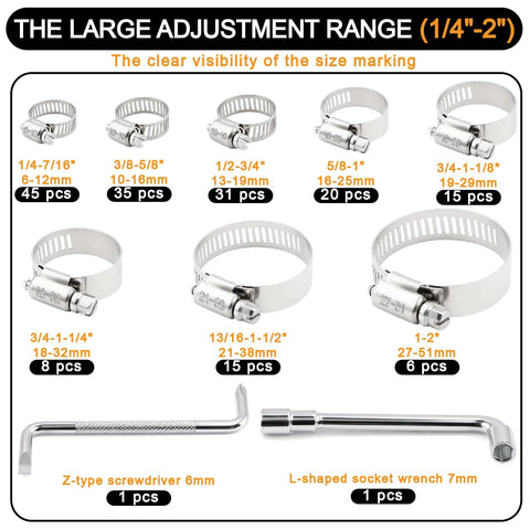 175-piece 304 stainless steel hose clamp set (1/4–2 in) with 8 sizes, plus Z-type screwdriver and L-shaped socket wrench.