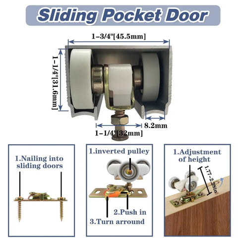 4 Foot Commercial Grade Sliding Pocket Door Hardware Kit With Aluminum Box Rail Fits 24 To 30 Inch Wide Single Doors Featuring Concealed Track System For A Clean Modern Look That Slides Smoothly And Quietly With Easy Installation, showing detailed view of inverted pulley system and installation instructions.