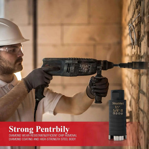 Worker using 1.5 Inch Dry Core Drill Bit With Pilot Bit And SDS Plus Adapter, 3 Inch Drilling Depth, Diamond Core Bit on brick wall.