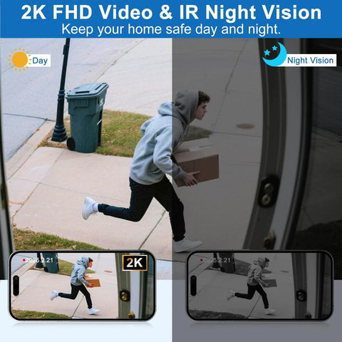 Person running with a package captured by a Wireless Doorbell Camera With 180 Degree Full Body View No Subscription Required 2K HD Live View Two Way Talk Battery Powered Video Doorbell With Chime Motion Alerts Works With Alexa And Google Assistant 2 4G WiFi during day and night view