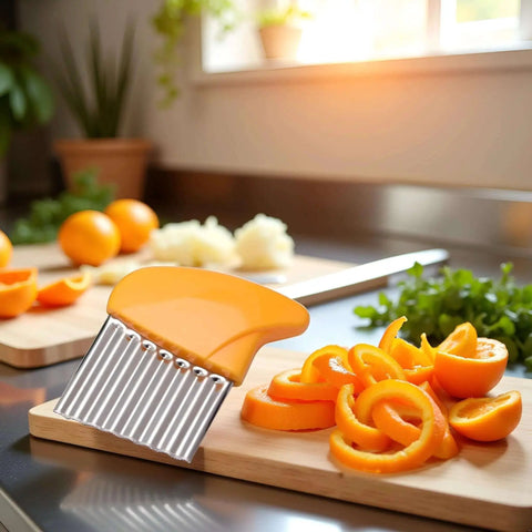 Orange Crinkle Cutter Slicer For Potatoes Carrots And Veggies, stainless steel wavy cutter with ergonomic orange handle on cutting board.
