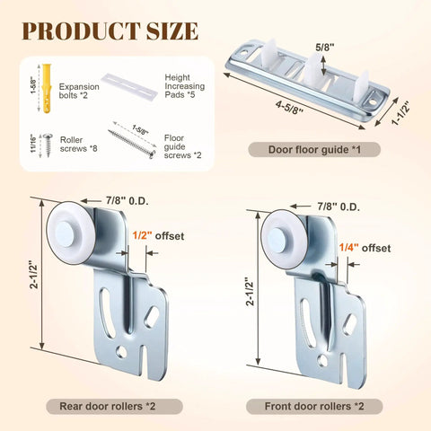 Sliding Closet Door Hardware Kit With Adjustable Floor Guide And Heightening Pads, showing rollers, guide, and dimensions.