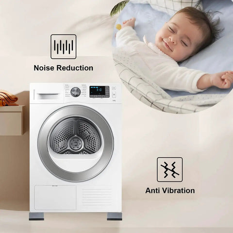 Front view of a white washing machine on four anti-vibration pads to reduce movement and noise