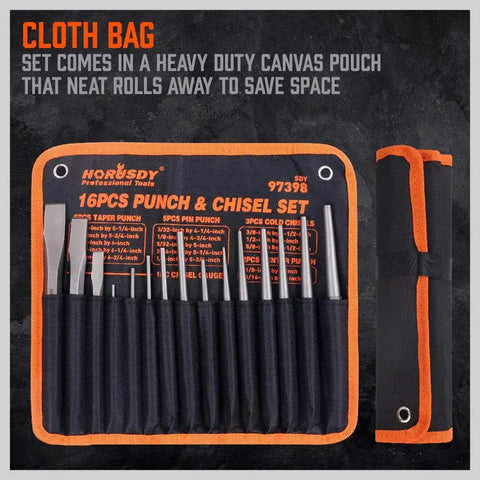 16 Piece Punch And Chisel Set With Taper Punch Cold Chisels Pin Punch Center Punch in canvas pouch, heat treated chromium vanadium steel