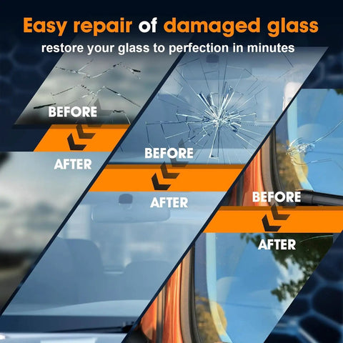 Image showing before and after examples of windshield repairs using the 2 Pack Windshield Repair Kit With Enhanced Injection Head For Scratches Cracks And Star Shaped Chips For Fast Fix Clear Results And Easy DIY Repair For Damaged Glass.