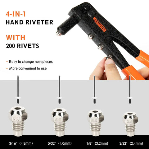 Heavy Duty Pop Rivet Gun Kit With 200 Rivets And 4 Interchangeable Nosepieces For Metalwork Auto Body Gutters And DIY Projects