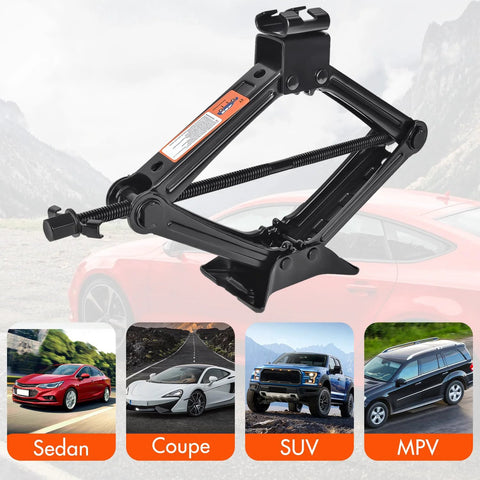 Scissor car jack 2-ton emergency tire-change kit with lug wrench, black steel construction.
