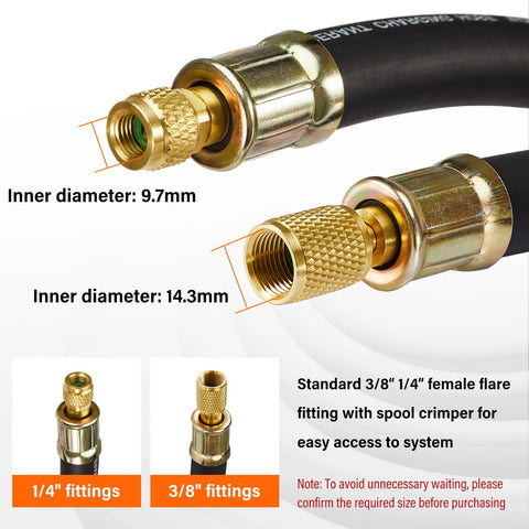 HVAC vacuum hose, 1/2 in diameter, black with brass knurled 3/8–1/4 in flare fittings, 6 ft, Amazon