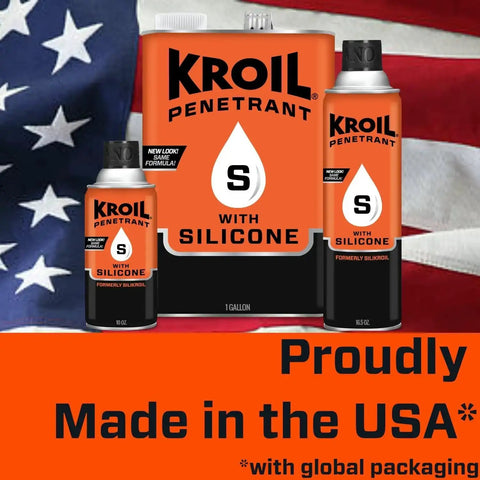 Penetrating Oil With Silicone For Rust And Seized Parts Freeing Displaces Moisture Acts As Corrosion Inhibitor Lubricant Perfect For Home And Industrial Use Liquid Can 1 Gal displayed with USA flag backdrop