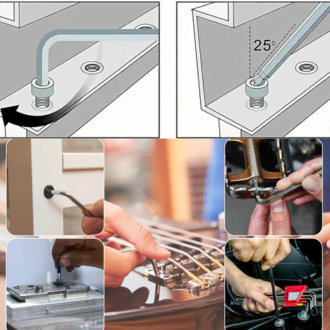Two Millimeter Ball End Hex Key Wrench Long Arm L Shape For Home Diy And Pro Grade Machine Repairing Durable S2 Steel Construction Rust Resistant 97mm Length Narrow Tip For Tight Spaces And High Torque Applications shown in use for various mechanical tasks.