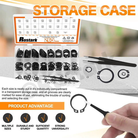 Beefy 266-Piece External Snap Rings Set Black Alloy Steel With Tweezers, 21 Sizes Circlips C Clips in storage case.