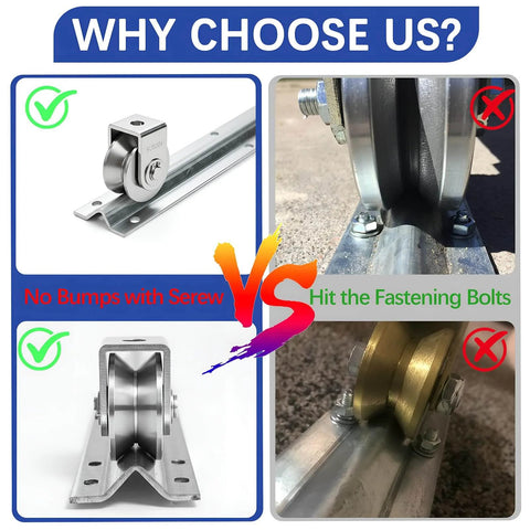 Comparison of 24 Ft Heavy Duty Inverted V Track for 1 In V Groove Rollers Sliding Gate Systems featuring smooth screw vs fastened bolt design