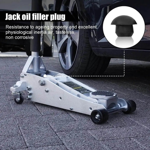 Six Pack Rubber Oil Filler Plugs For 8mm Holes In Hydraulic Reservoirs, shown with a floor jack beside a car.