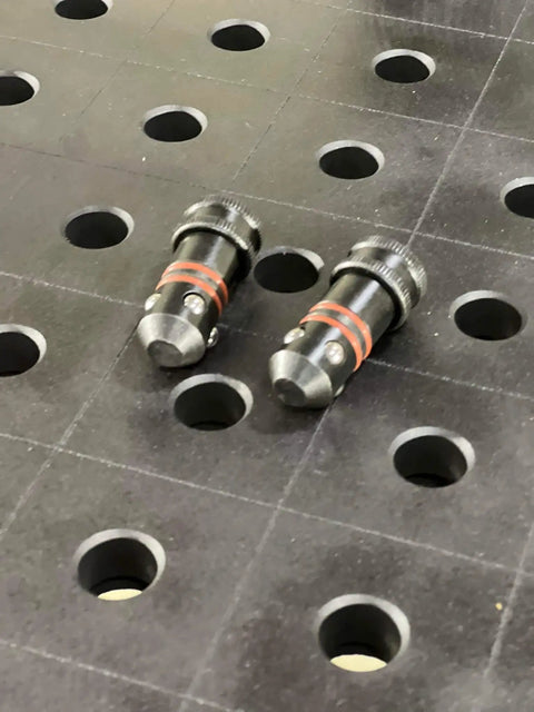 Five Eighths Inch Quick Release Ball Lock Pins For Modular Welding Fixture Tables Two Pack on perforated table surface