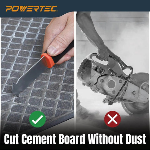 Hand using Heavy-Duty Backer Board Scoring Knife with Dual Tungsten Carbide Blades, ergonomic grip, on cement tile.