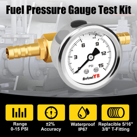 AetralYB fuel pressure test kit with 1-1/2 in glycerin-filled gauge, 0–15 PSI, 1/8 in NPT, inline regulator, brass barb fittings
